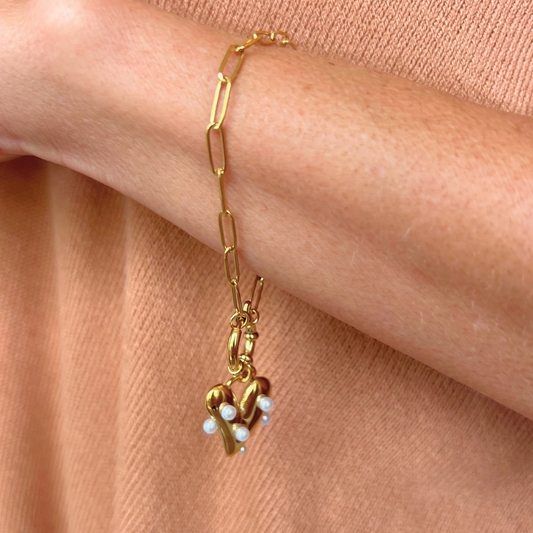 Gold Paperclip Bracelet with Gold Heart Charm with Pearls