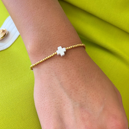 2.5mm Gold Bead & White Cross Stretch Bracelet