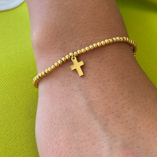 3mm Gold Bead with Gold Cross Stretch Bracelet