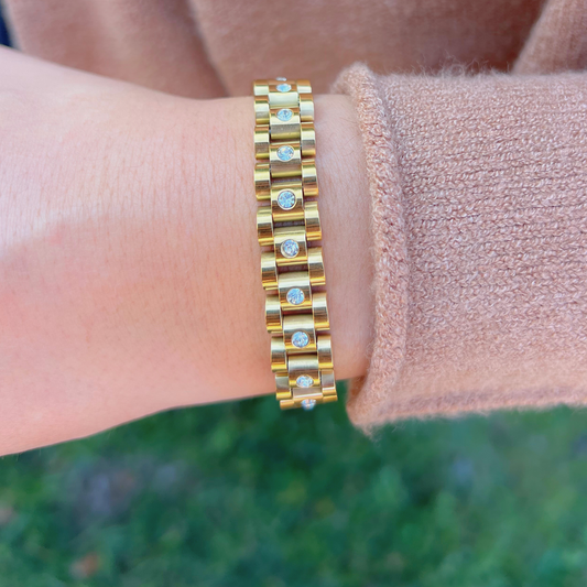 Gold Watchband Bracelet with Cubic Zirconia