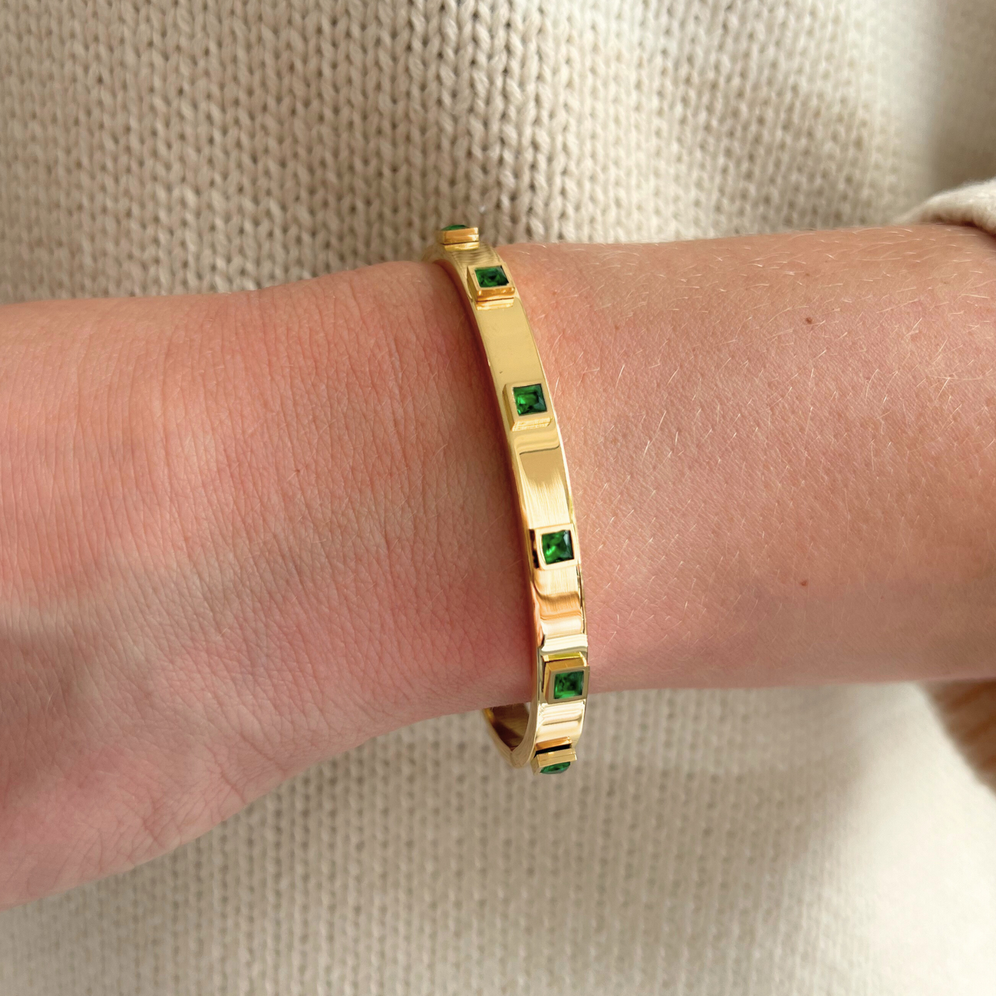 Gold Bangle with Green Stones