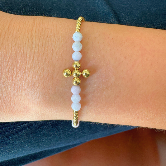 3mm Pink Opal and 2.5mm Gold Bead Cross Bracelet