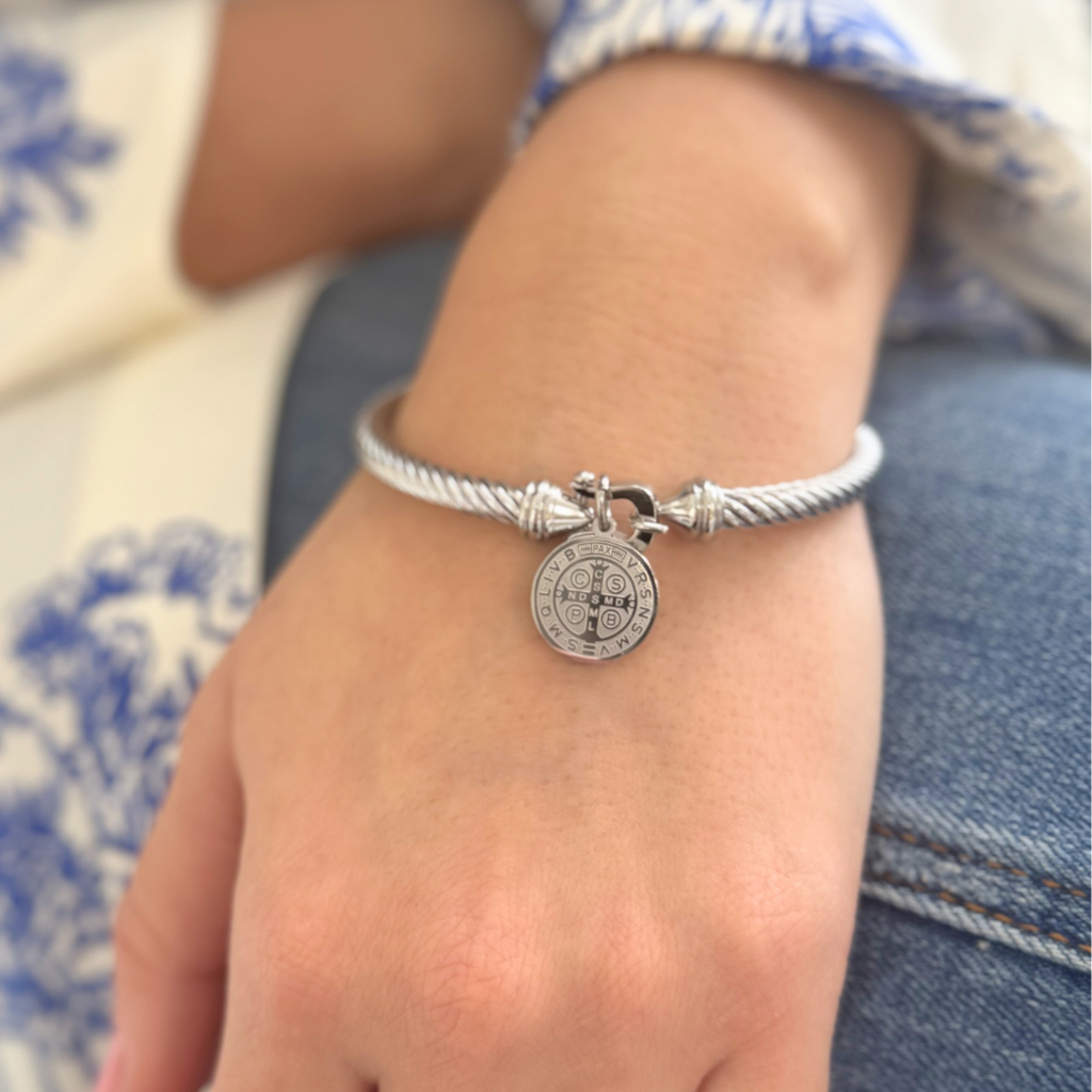 Silver Cable Bangle with Coin Charm