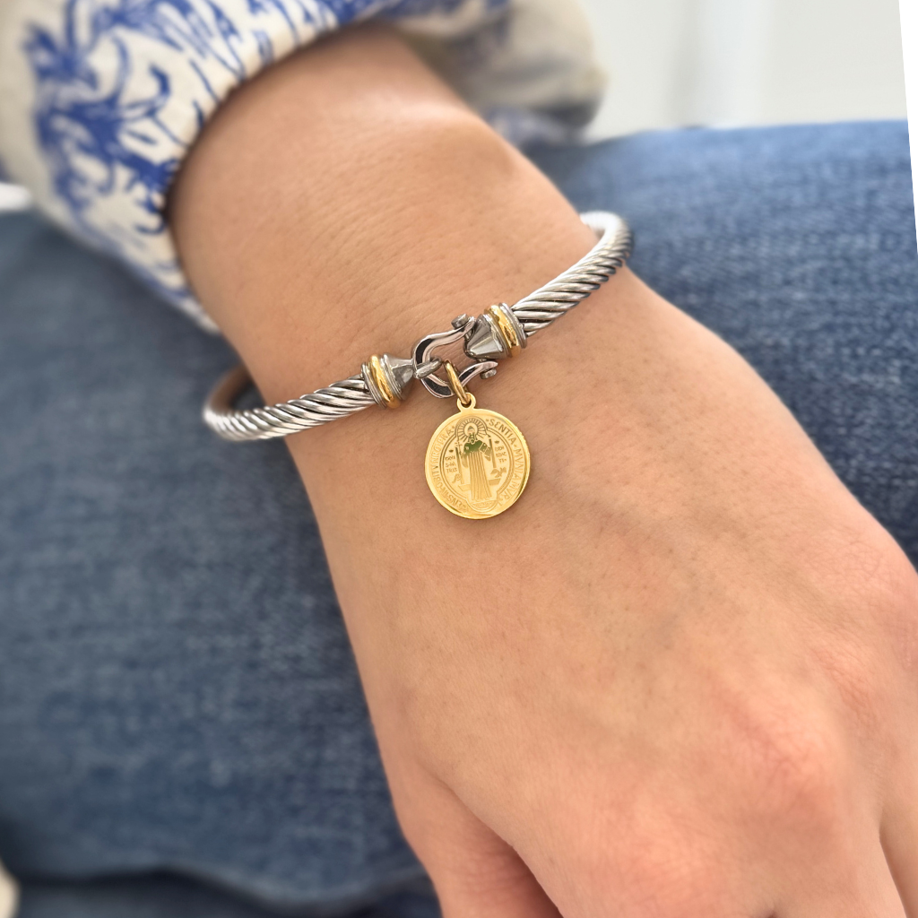 Two-Tone Cable Bangle with Gold Coin Charm