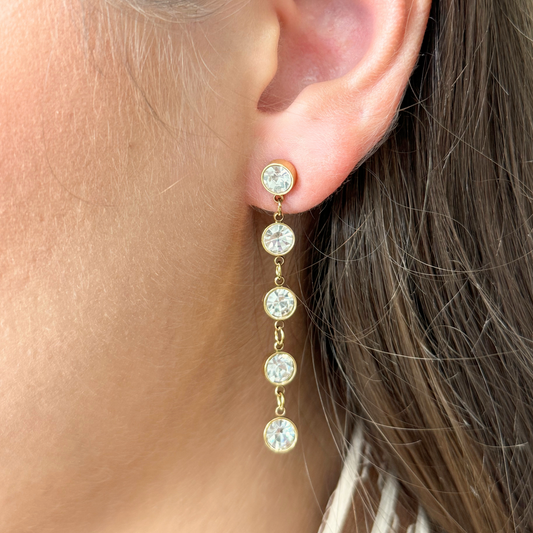 Gold Bezel Set Drop Earrings with Clear Stone