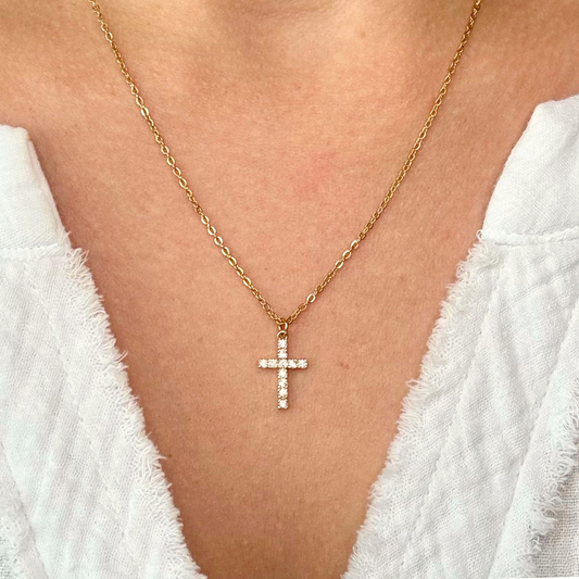 Gold Cross Necklace with Cubic Zirconia