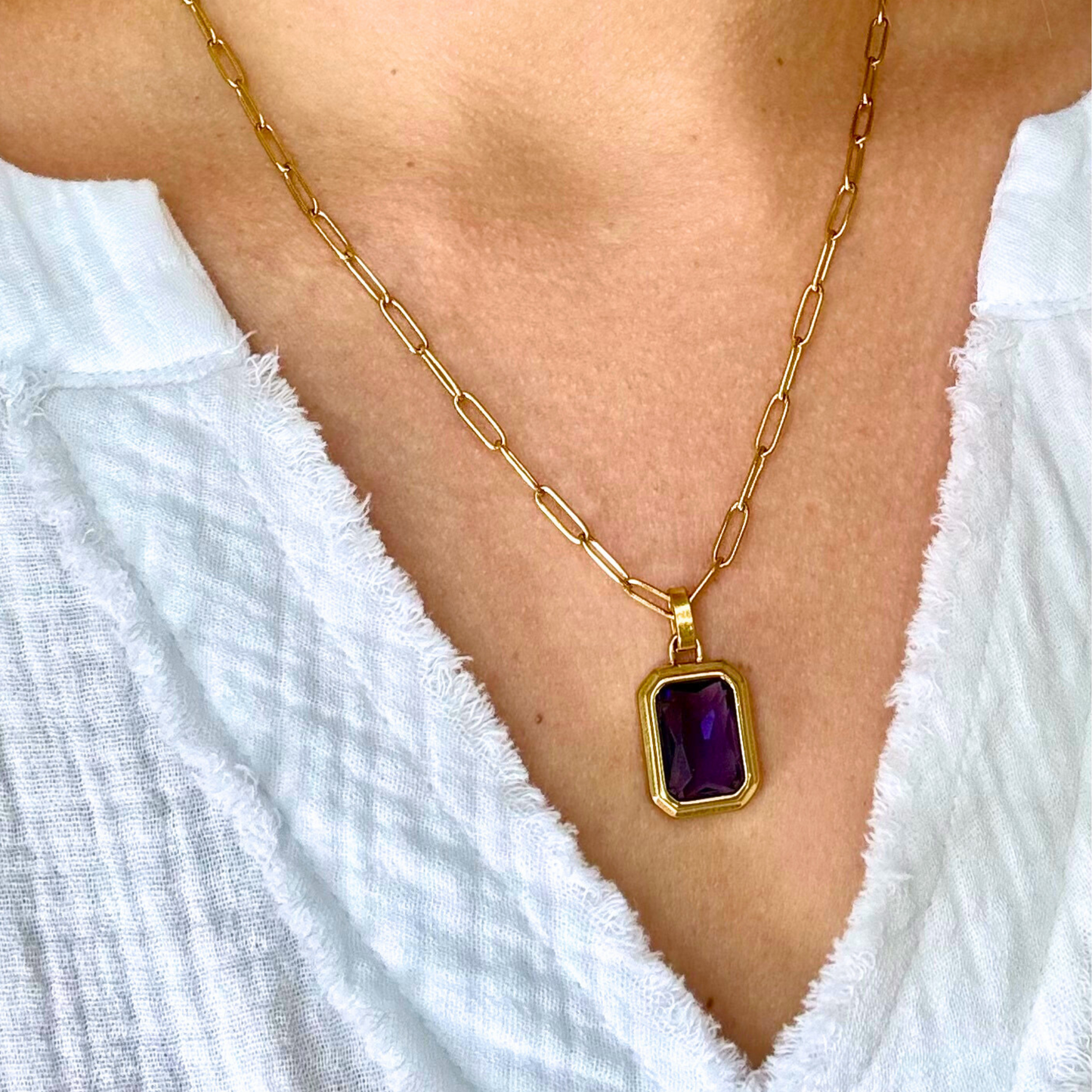 Gold Paperclip Necklace with Purple Stone