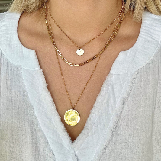 Multi-Strand Gold Necklace with Gold Disc Charm