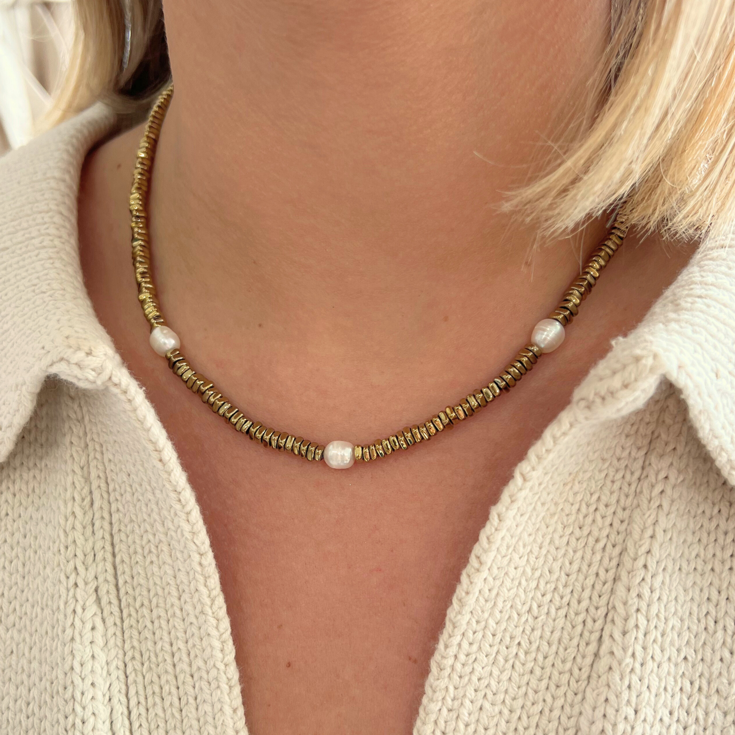 Gold bead necklace with pearl stations