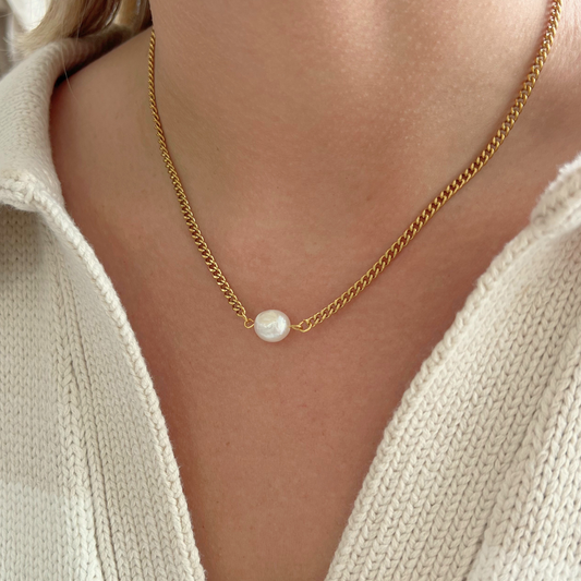 Gold Curb link chain with coin pearl necklace