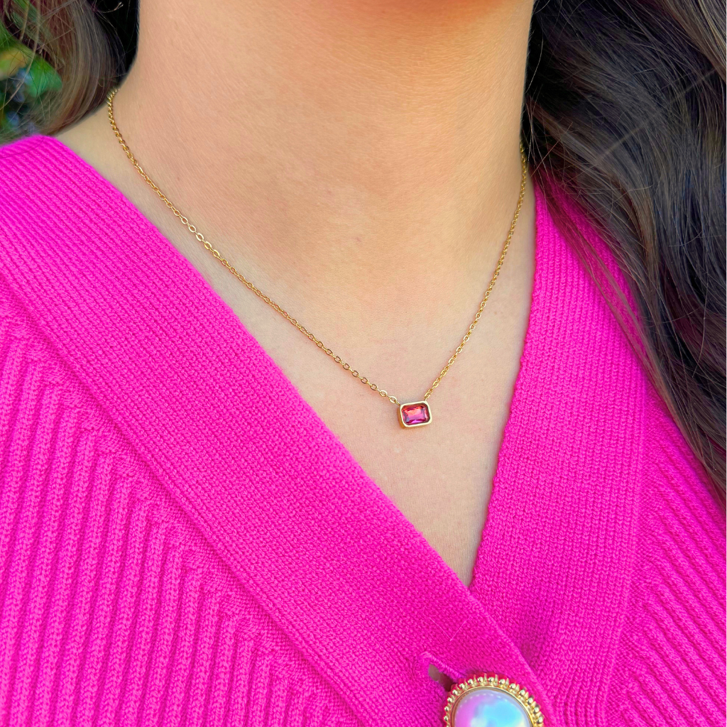 Gold Bezel Set Necklace with Pink Stone