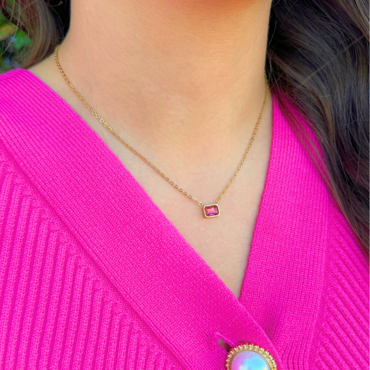 Gold Bezel Set Necklace with Pink Stone