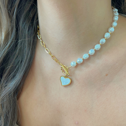 Gold link and pearl choker with heart charm