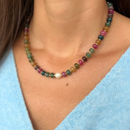 Multi-Color Natural Stone and Freshwater Pearl Necklace