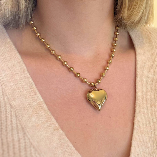 Gold Bead and Puff Heart Necklace