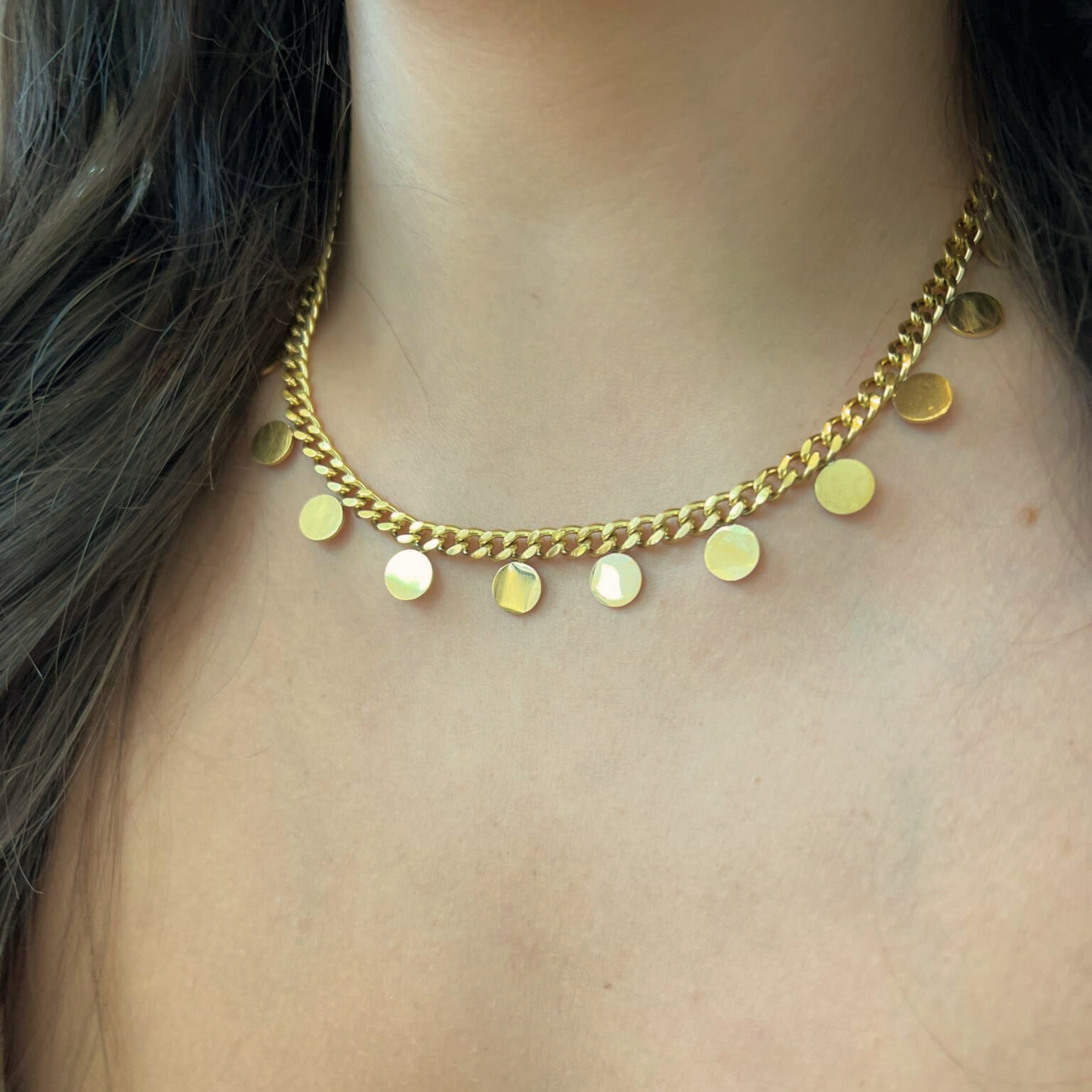 Gold chain necklace with gold disc charms