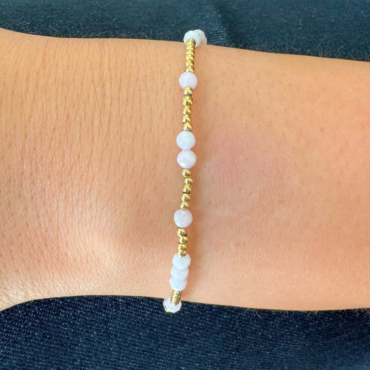 2mm Gold Bead with 3mm Pink Opal Station Bracelet