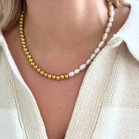 6mm gold bead and baroque pearl necklace